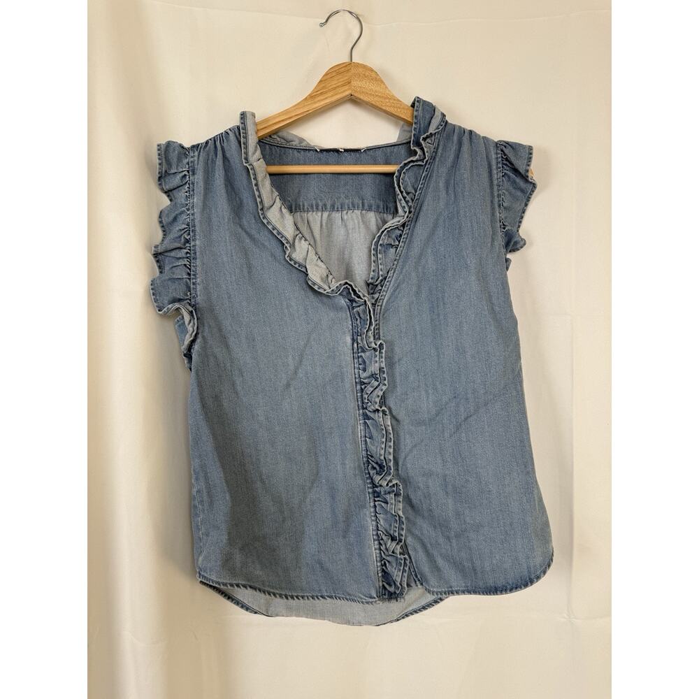 FRAME Lauren Ruffle Chambray Top XS Denim Button Front Sleeveless
